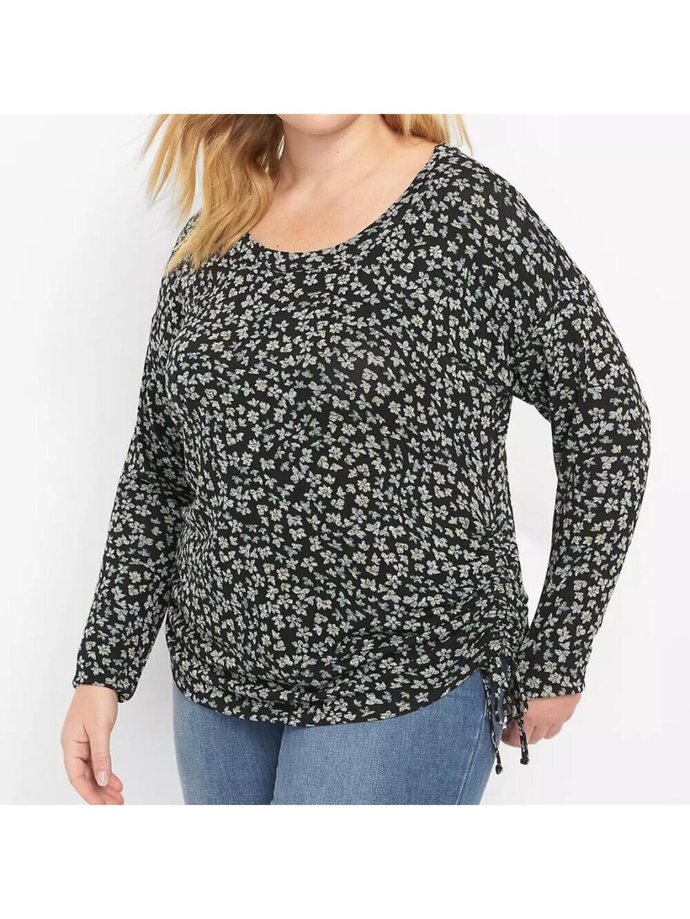 Lane Bryant Floral Side Cinch Ruched Knit Top NWT 10 / 12 Long Sleeve Soft Knit